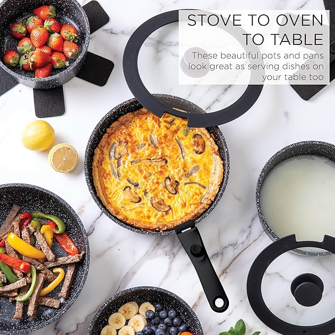 Country Kitchen Cookware Set with Removable Handle, Oven & RV Safe Pots and Pans Set, Black, Deluxe Larger Set