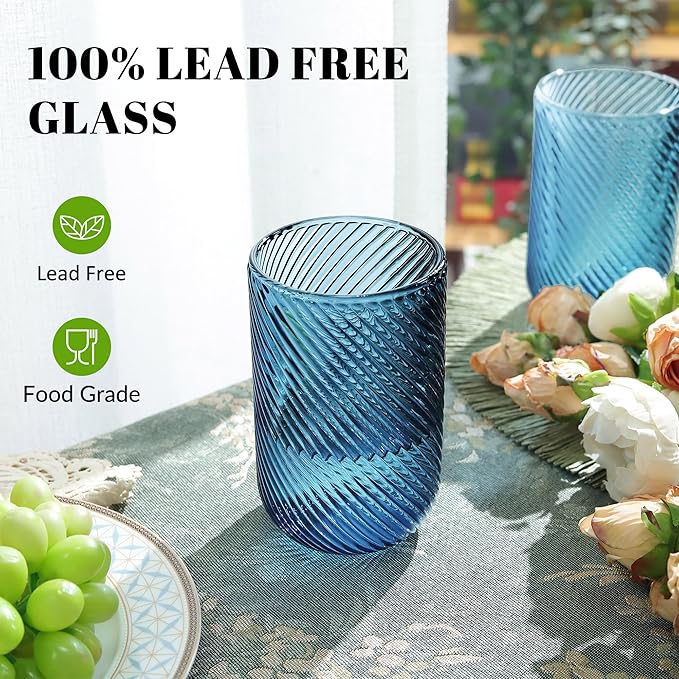 Joeyan Vintage Drinking Glasses,Ribbed Embossed Colored Highball Water Glasses Cups,Colorful Tumbler Glassware for Beverages Cocktail Whisky Beer Juice,14 oz,Set of 4,Dishwasher Safe