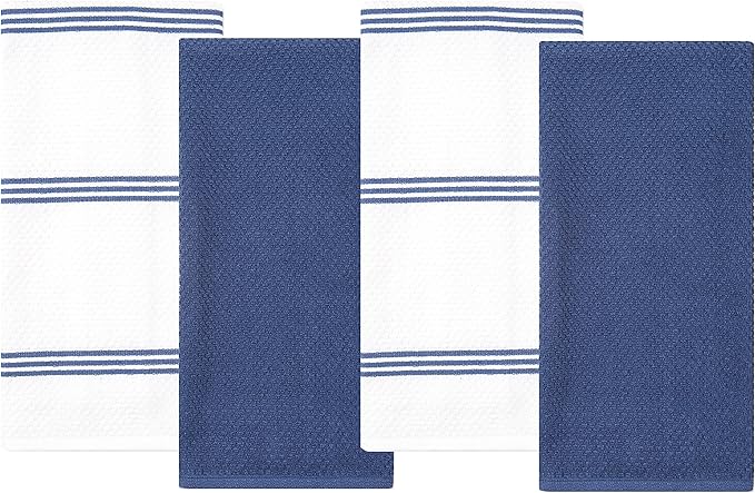Sticky Toffee Cotton Kitchen Towels Set of 4 – 28x16 in Dark Blue and White Dish Towels, Reusable and Absorbent Tea Towels for Cleaning or Drying, Oeko-Tex Cotton