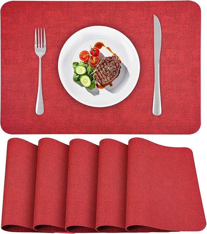 Vinly Placemats Set of 6 - Waterproof Wipeable Faux Leather Table Place Mats Heat Resistant Anti Slip Table Mats for Dining, Indoor, Outdoor, 15.8" x 11.8" (Retro red)