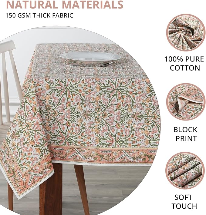 Ridhi Sassy Salmon Pink Hand Block Print Cotton Rectangle Tablecloth 120 x 60 inch-Reusable Table Cover Decorative Everyday Use for Dining Room, Farmhouse, Thanksgiving, Christmas Wedding, Fall