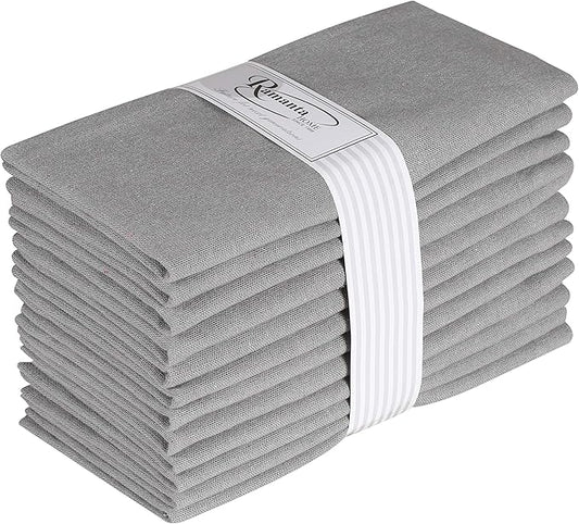 Ramanta Home Grey Cotton Dinner Napkins Set of 12 | 100% Cotton 18x18 Inch Cloth Napkins | Reusable Fabric Table Napkins for Everyday Use, Parties, Weddings, Thanksgiving, Christmas, Halloween