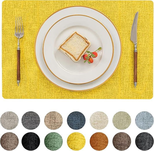 Romanstile Vinyl Placemats Set of 4-12 X 18 Inch - Heat Resistant Place Mats 100% Waterproof Oilproof Wipeable Reversible Faux Leather Table Mats for Kitchen/Dining/Party/Outdoor, Yellow