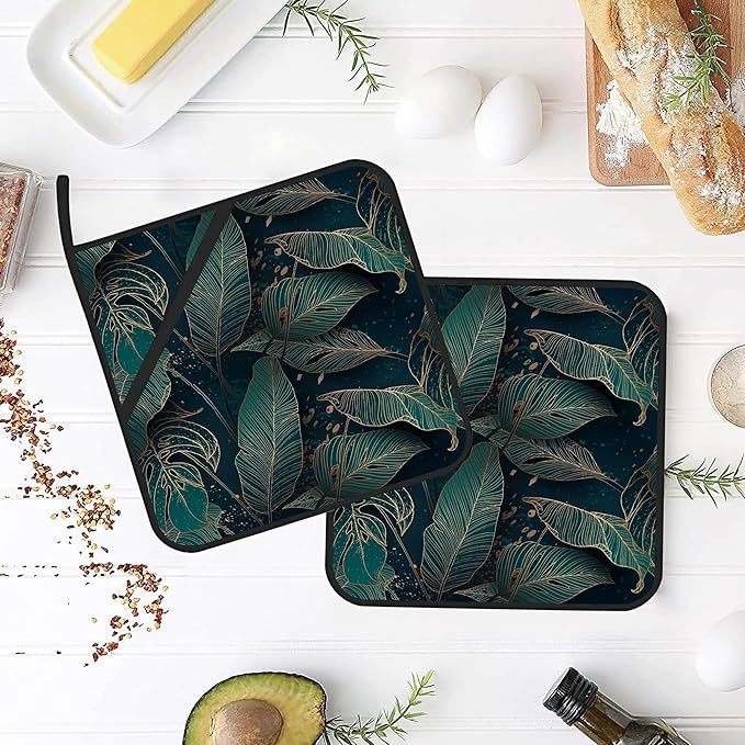 Golden Palm Leaf Pot Holders Set of 2 - Heat Resistant Oven Hot Pads for Cooking, Baking, BBQ - Gifts for Women