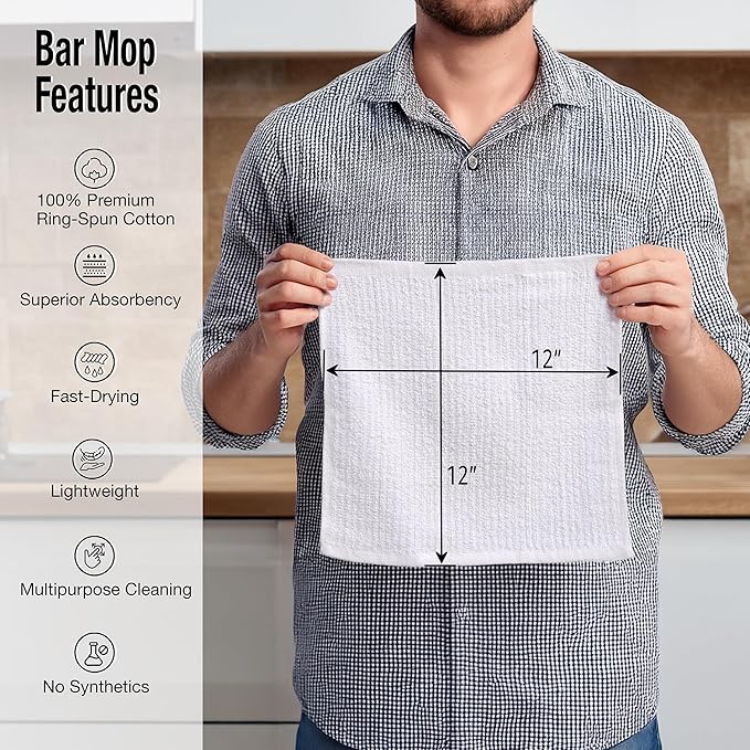 Living Fashions Bar Mop Cleaning Kitchen Dish Cloth Towels 12" x 12", 100% Cotton, Machine Washable, Everyday Kitchen Basic Utility Bar Mop Dishcloth Set of 36, White