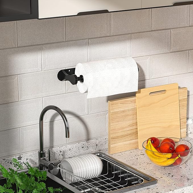 Paper Towel Holder Under Cabinet, One-Handed Tear, Wall Mount, Adhesive, Black, Paper Roll Holder with Ratchet Mechanism for Kitchen Bathroom Farmhouse Essentials Decor Accessories