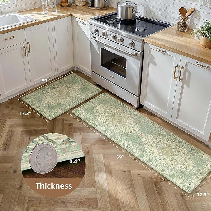 GENIMO Kitchen Mats for Floor 2PCs, Washable Anti Fatigue Mat for Cushioned, 17.3"x59"+17.3"x30", Waterproof Kitchen Rugs, Non Slip Comfort Standing Mat Rug for Home, Sink, Laundry, Green