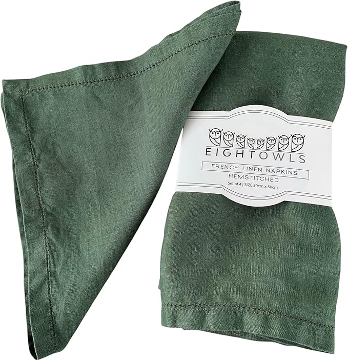 Hemstitched Linen Napkins – 20 Inch x 20 Inch – Stonewashed Pure Linen Cloth Dinner Napkins with Mitered Corners - 100% French Flax – Machine Washable - Set of 4 (Soft Rustic Green)