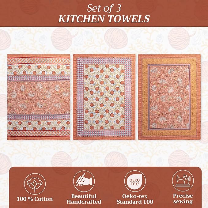 Maison d' Hermine Kitchen Towels Set of 3 100% Cotton 20" x 27.5" Reusable Cloth Tea Dish Towels Absorbent with Hanging Loop for Kitchen Dining Thanksgiving Christmas Decorations (Harvest Festival)