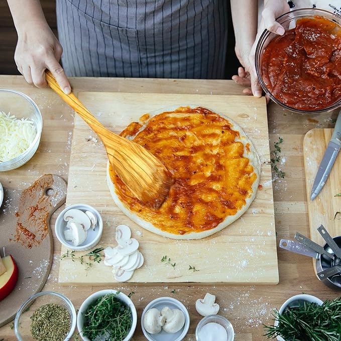 WONDERFUL 4 Pcs Olive Wooden Spoons for Cooking - 13.5 Inch Long, Set with Spatula, Corner Spoon, Slotted Spoon, Spaghetti and Pasta Server with Measurer…