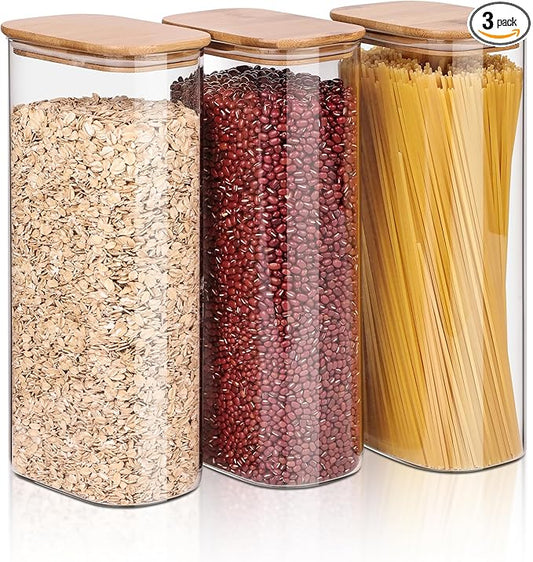 Liuruiyu Glass Storage Jars Set of 3, Clear Glass Food Storage Containers with Airtight Bamboo Lid Stackable Kitchen Canisters for Candy,Cookie,Rice,Sugar,Flour,Pasta(Flat)