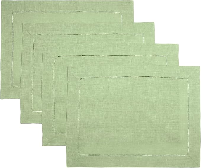 D'Moksha Homes Sage Green Linen Cloth Placemats Set of 4-100% Pure Linen Hemstitch Placemats 14 x 19 Inch - Classic Hemstitch Table Place Mats for Christmas - Handcrafted and Machine Washable