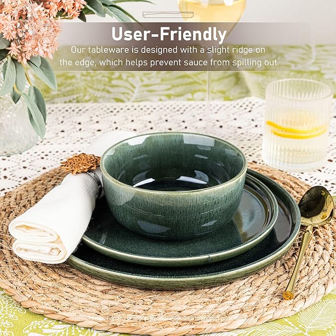 GBHOME Ceramic Dinnerware Sets for 4, 12 Pieces Stoneware Plates and Bowls Sets, Scratch Resistant Dishes, Dishwasher & Microwave Safe, Reactive Glaze-Earth Green