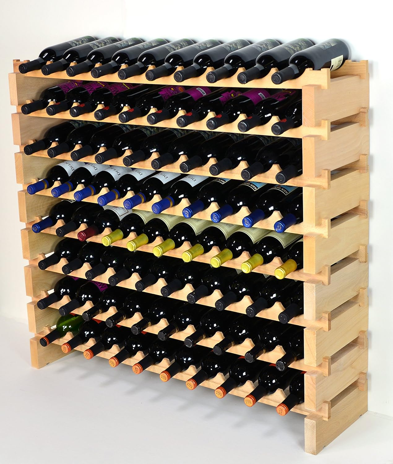 sfDisplay.com,LLC. Modular Wine Rack Beechwood 40-120 Bottle Capacity 10 Bottles Across up to 12 Rows Newest Improved Model (80 Bottles - 8 Rows)