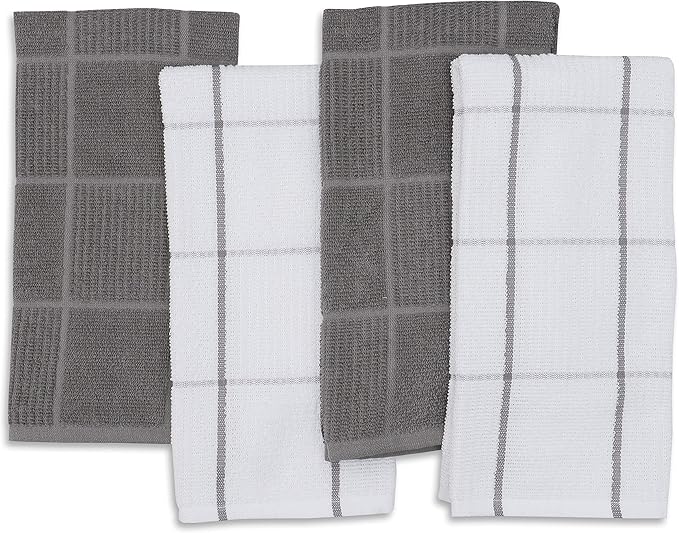 AMOUR INFINI Kitchen Towels Pack of 4 Absorbent, Quick Drying Premium Terry Cotton Dish Towel with Hanging Loop 16x28 Inch Hand & Tea Towels (L.Grey)