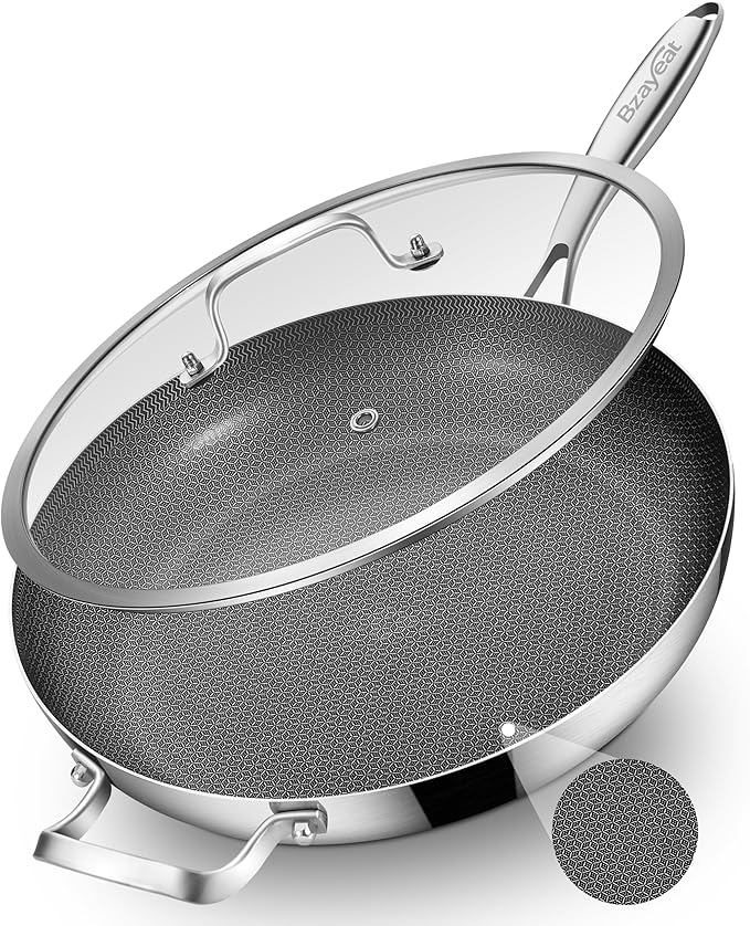 14-Inch Nonstick Hybrid Frying Pan with Lid, Ceramic Coated Tri-Ply Stainless Steel Induction Chef's Pan, Large Skillet, PFOA Free, Oven & Dishwasher Safe for All Stoves, Detachable Handle