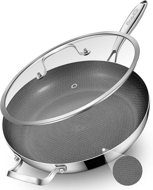 14-Inch Nonstick Hybrid Frying Pan with Lid, Ceramic Coated Tri-Ply Stainless Steel Induction Chef's Pan, Large Skillet, PFOA Free, Oven & Dishwasher Safe for All Stoves, Detachable Handle