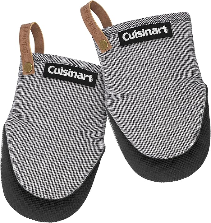 Cuisinart Heritage Mini Oven Mitts–5.5”x7” Heat-Resistant Kitchen Mitts for Oven with Non-Slip Neoprene Palm, Cotton Filling, and Faux Leather Loop–Durable Oven Mitt Set (Black/White Mini Houndstooth)