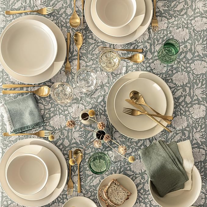 over&back Hand-Screened Tablecloth - Dining Table Cover - Each Tablecloth is Unique - 100% Cotton - Machine Washable - Kitchen and Home Decor - Green Floral - 70x90