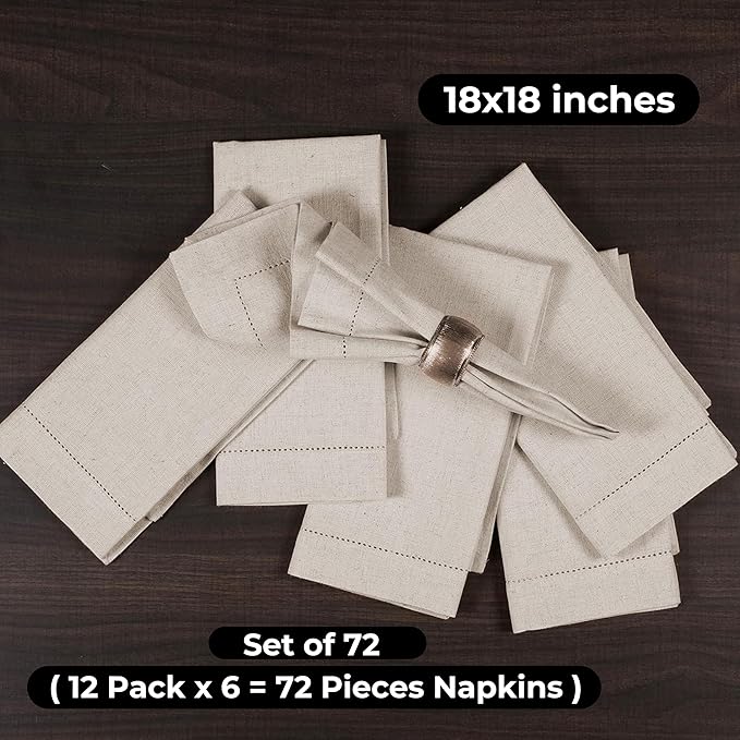 Bedding Craft Linen Flax Cotton Cloth Napkins 18x18 Set of 72 – Natural Hemstitched with Mitered Corners – Machine Washable Dinner Napkins for Weddings, Events, Parties & Cocktails (6 Dozen)