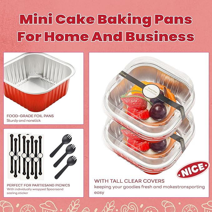 60 Pack Mini Cake Pans with Lids Mini Aluminum Pans, Disposable Loaf Pans Cupcake Liners with Lids for Pudding, Souffle, Party, Wedding(Red, 10 oz)