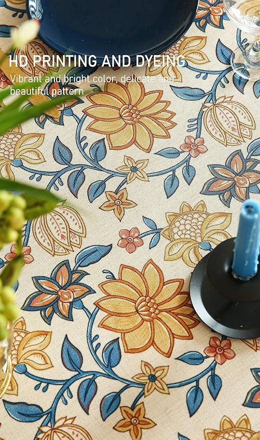 French Tablecloth for Rectangle Tables,Linen Table Cloth with Yellow Flowers Pattern,Heavy Durable Table Cover for Dining Thanksgiving Kitchen Decor Party Christmas,55"*79"
