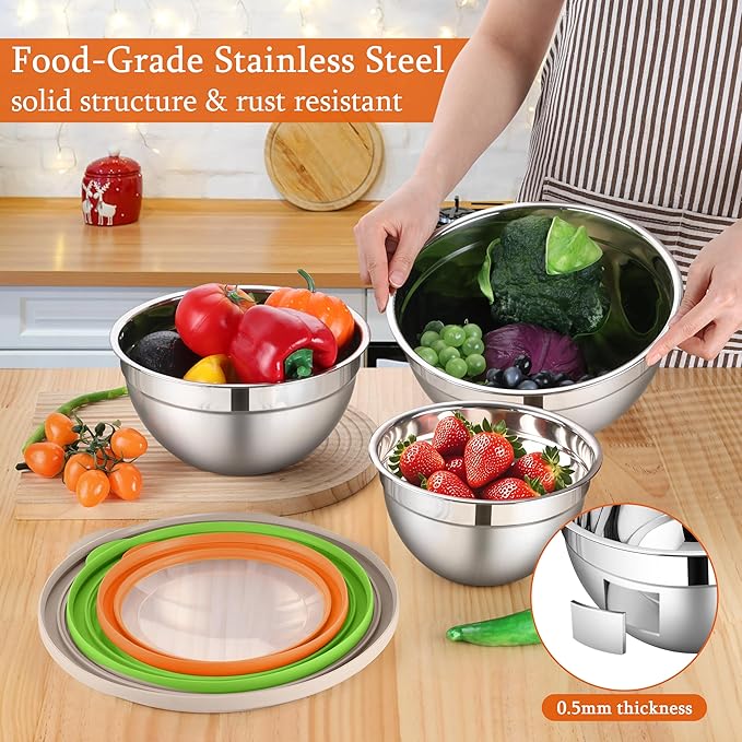 LIANYU Mixing Bowls with Lid Sets of 3, Large & Small Stainless Steel Metal Salad Mixing Bowls, 1.5 & 3 & 4.6QT Sizes For Kitchen Cooking, Baking, Storage, Food Prepping, Serving, Three-Color