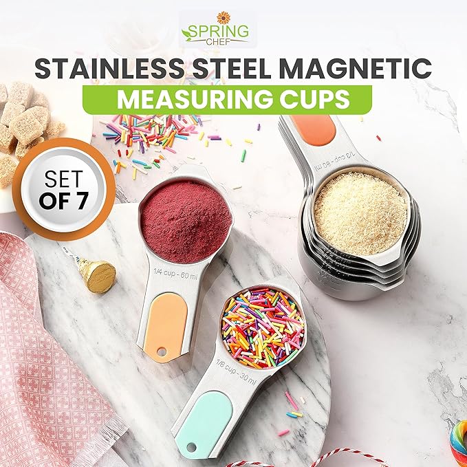 Spring Chef Magnetic Stainless Steel Measuring Cups, Patented, Kitchen Tools with Easy to Read Markings for Measuring Dry or Liquid Ingredients, Set of 7, Desert Sunset