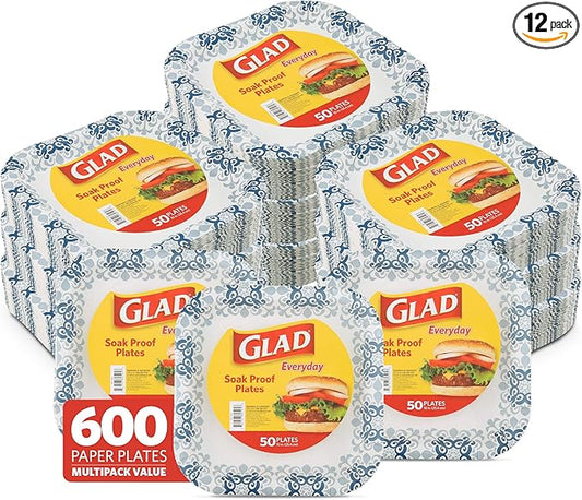 Glad 10" Square Paper Plates | Soak Proof, Disposable, Strong & Heavy Duty | 50 Ct White With Blue Victorian Design (12 Pack, 600 Total)