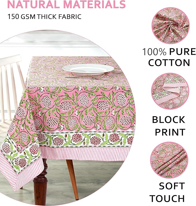 Ridhi Strawberry Pink Hand Block Print Cotton Rectangle Tablecloth 108 x 70 inch-Reusable Table Cover Decorative Everyday Use for Dining Room, Farmhouse, Thanksgiving, Christmas Wedding, Fall