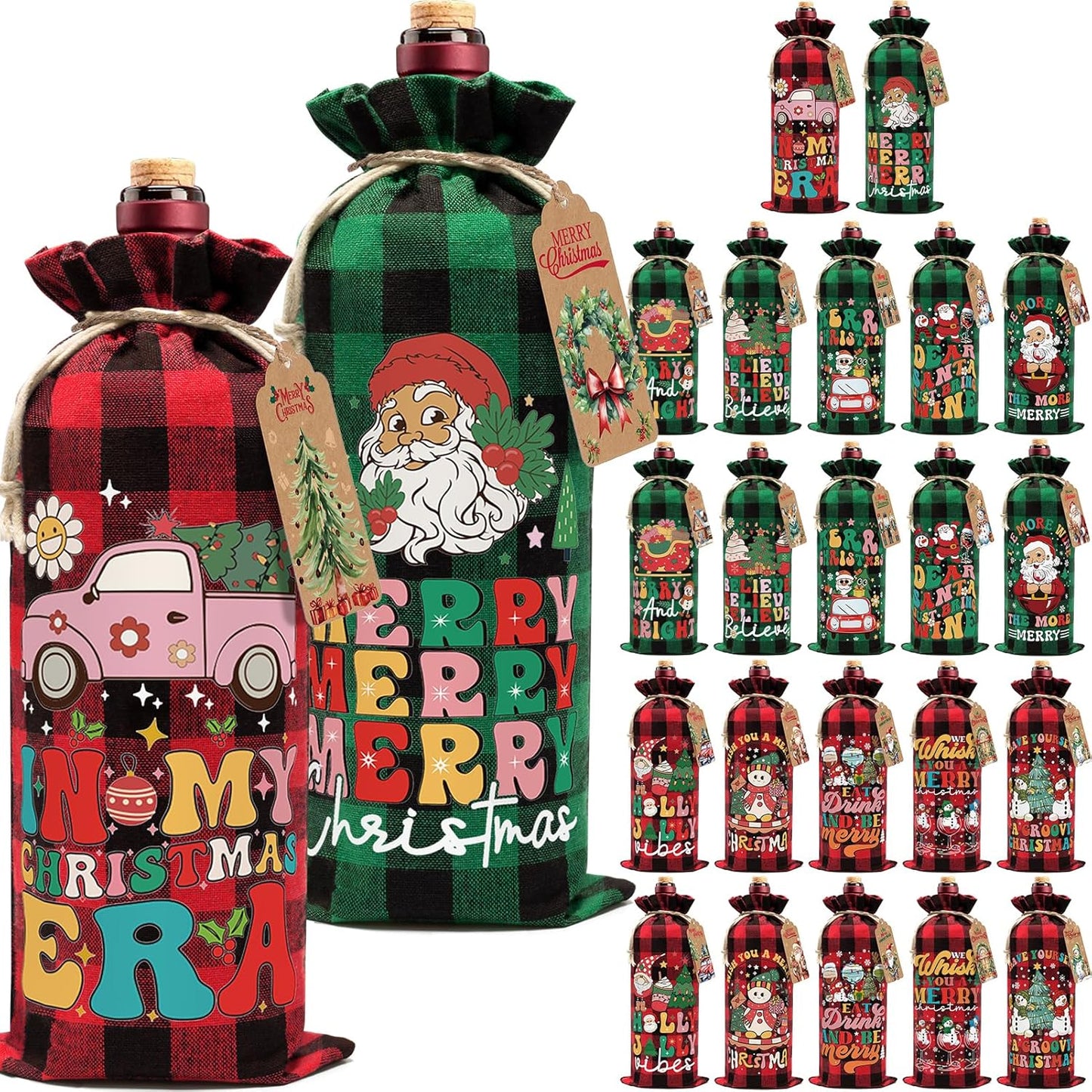 24PCS Burlap Wine Bag Christmas Wine Gift Bags, Drawstring Retro Christmas Bottle Cover Gift Bag w/ Tag, Buffalo Plaid Wines Bags for Bottles Gifts Reusable Bottle Covers for Xmas Holiday Party Decor
