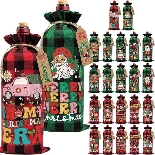 24PCS Burlap Wine Bag Christmas Wine Gift Bags, Drawstring Retro Christmas Bottle Cover Gift Bag w/ Tag, Buffalo Plaid Wines Bags for Bottles Gifts Reusable Bottle Covers for Xmas Holiday Party Decor