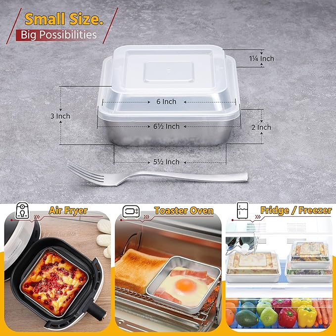 E-far 6 x 6-Inch Square Baking Pan with Lid, Small Stainless Steel Cake Brownie Pans Trays Dishes for Toaster Oven Air Fryer, Healthy & Dishwasher Safe - Set of 1(1 Pan + 1 Lid)