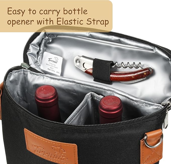 Tirrinia 2 Bottle Leakproof Insulated Wine Tote Carrier Bag - Padded Cooler for Travel, Restaurants, Tasting, Parties, Great Gift for Wine Lovers