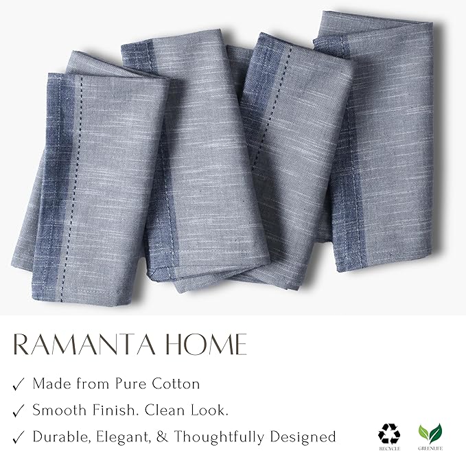 Ramanta Home Cloth Napkins Set of 12 Textured Cotton 18x18 - Premium Contrast Border Thanksgiving Dinner Napkins for Christmas Farmhouse Wedding, Soft Washable Table Linen for Everyday Use - Grey