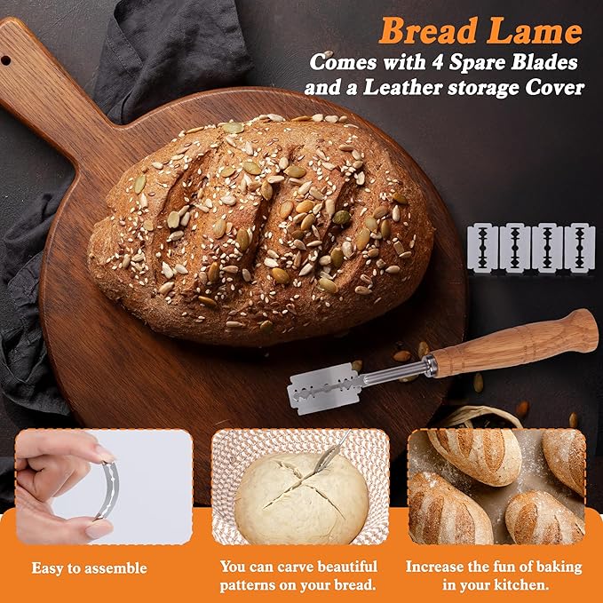Sourdough Bread Baking Supplies, Banneton Bread Proofing Basket 9" Round & 10" Oval, Sourdough Starter Kit with Bread Sling, Lame, Danish Whisk