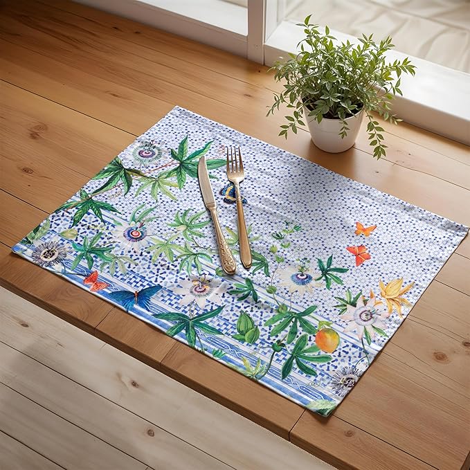 Maison d' Hermine Placemats Set of 4 100% Cotton Washable Cloth Place Mats, Reusable Table Mats for Kitchen Dining Decoration, Party, Wedding, Restaurant Spring/Summer (Passiflora, 13" x 19")