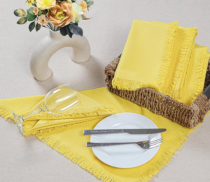 Bedding Craft Cotton Cloth Dinner Napkins Set of 12 – 18x18 Golden Kiwi Yellow with Fringed Corners – Machine Washable Fabric Napkins for Weddings, Baby Showers & Everyday Dining
