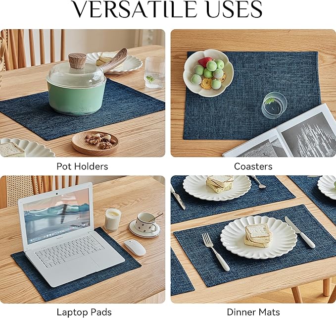 Softalker Faux Linen Placemats Set of 6-12 x 18 Inch, Heat Resistant Double Layered Durable Burlap Farmhouse Place Mats, Non-Slip Washable Rustic Table Mats for Dining, Kitchen, Party（Navy Blue