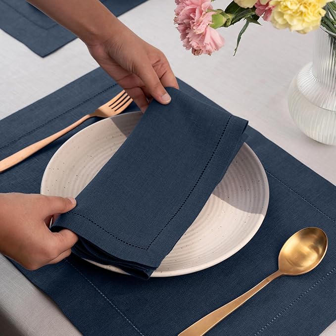 D'Moksha Homes Navy Blue Linen Napkins Set of 4 - Classic Hemstitch 100% Pure Linen Hemstitch Dinner Napkins 20 x 20 Inch for Fall, Thanksgiving, Holiday - Handcrafted and Machine Washable