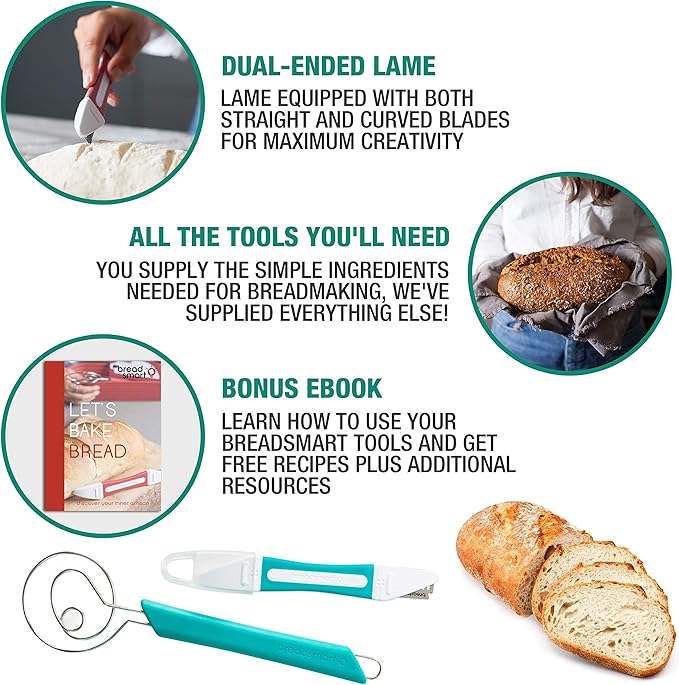 Breadsmart Artisan Bread Making Kit - 5PC Sourdough Bread Baking Supplies Set - Lame, Scraper, Whisk, Banneton Bread Proofing Basket & Cotton Liner