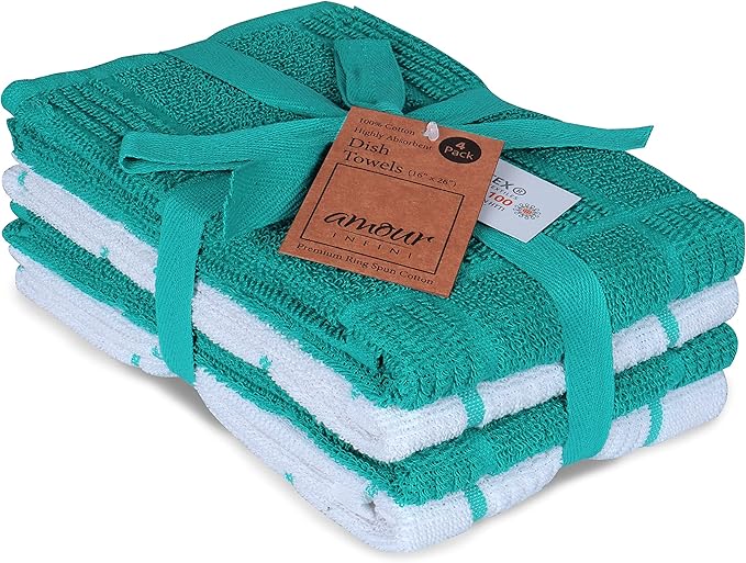 AMOUR INFINI Kitchen Towels Pack of 4 Absorbent, Quick Drying Premium Terry Cotton Dish Towel with Hanging Loop 16x28 Inch Hand & Tea Towels (Teal)