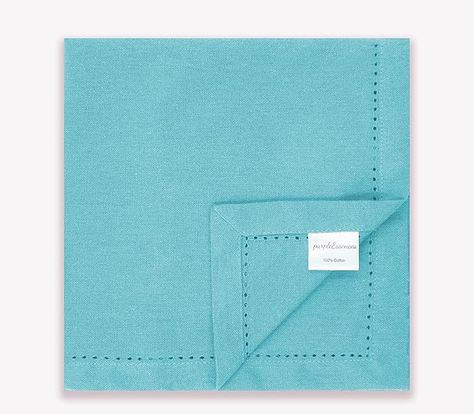 PurpleEssences Set of 12 Hemstitch Cloth Dinner Napkins 100% Cotton - Soft Durable Washable - Ideal for Wedding Fall Thanksgiving - Perfect Everyday Use Table Linen 18x18 - Aqua Blue