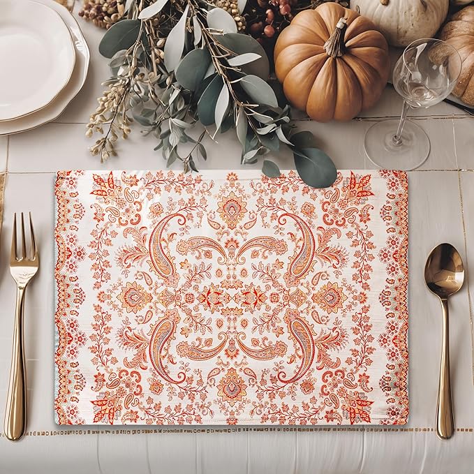 Maison d' Hermine Placemats Set of 4 100% Cotton Washable Cloth Place Mats, Reusable Table Mats for Thanksgiving Christmas Decorations Kitchen Dining Party Wedding Restaurant (Cachemire, 13" x 19")