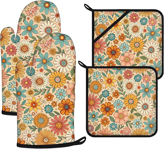 Boho Floral Oven Mitts and Pot Holders Sets 4Pcs,Extra Long Oven Gloves Potholder for Kitchen Cooking Baking BBQ 100% Cotton Heat Resistant