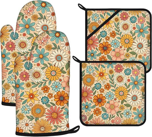 Boho Floral Oven Mitts and Pot Holders Sets 4Pcs,Extra Long Oven Gloves Potholder for Kitchen Cooking Baking BBQ 100% Cotton Heat Resistant