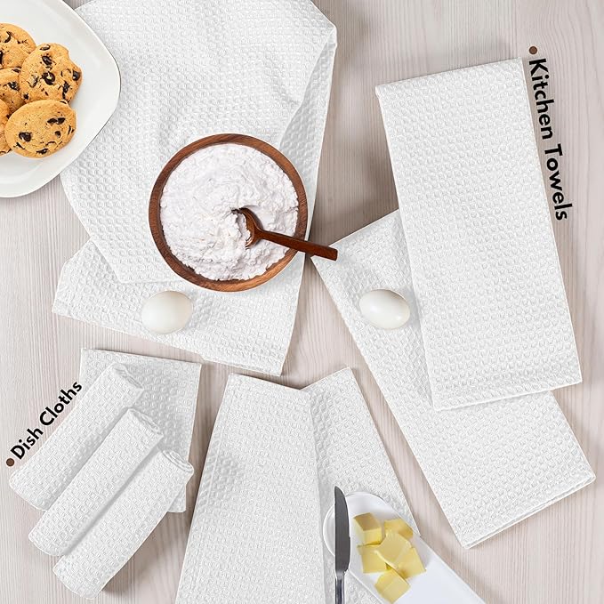 Native Fab Dish Towels & Dishcloths 8 Piece Set - 100% Cotton, Soft, Absorbent, Quick Drying Towel for Cleaning, Cooking, Baking - Machine Washable, Ideal for Home, Kitchen & Everyday Use - White