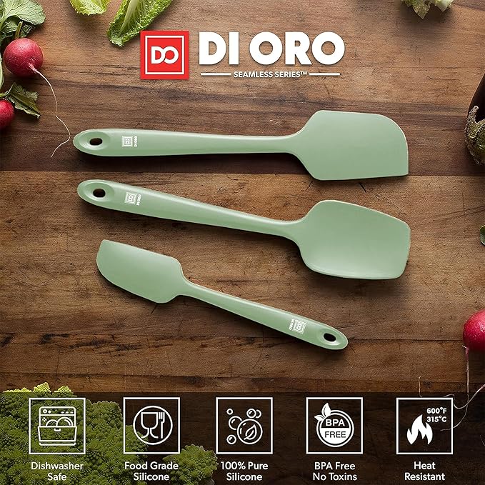 di Oro Living Silicone Spatula Set - Rubber Kitchen Spatulas for Baking, Cooking, Mixing - 600°F Heat-Resistant & BPA Free Silicone Scraper Spatulas for Nonstick Cookware - Dishwasher Safe (3pc, Sage)