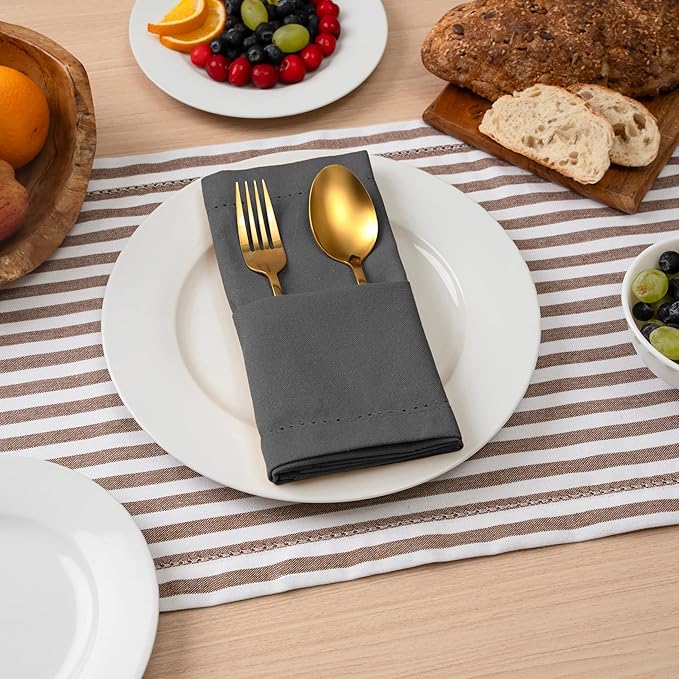 Blue Needles Set of 12 Hemstitch Linen Napkins 100% Cotton Grey Cloth Dinner Napkins 18x18 inches, Soft, Reusable, Absorbent, Washable, Ideal for Fall Thanksgiving Events, Parties & Everyday Use