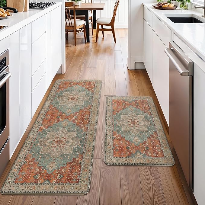GENIMO Kitchen Mats for Floor 2PCs, Washable Anti Fatigue Mat for Cushioned, 17.3"x47"+17.3"x30", Waterproof Kitchen Rugs, Non Slip Comfort Standing Mat Rug for Home, Sink, Laundry, Multi